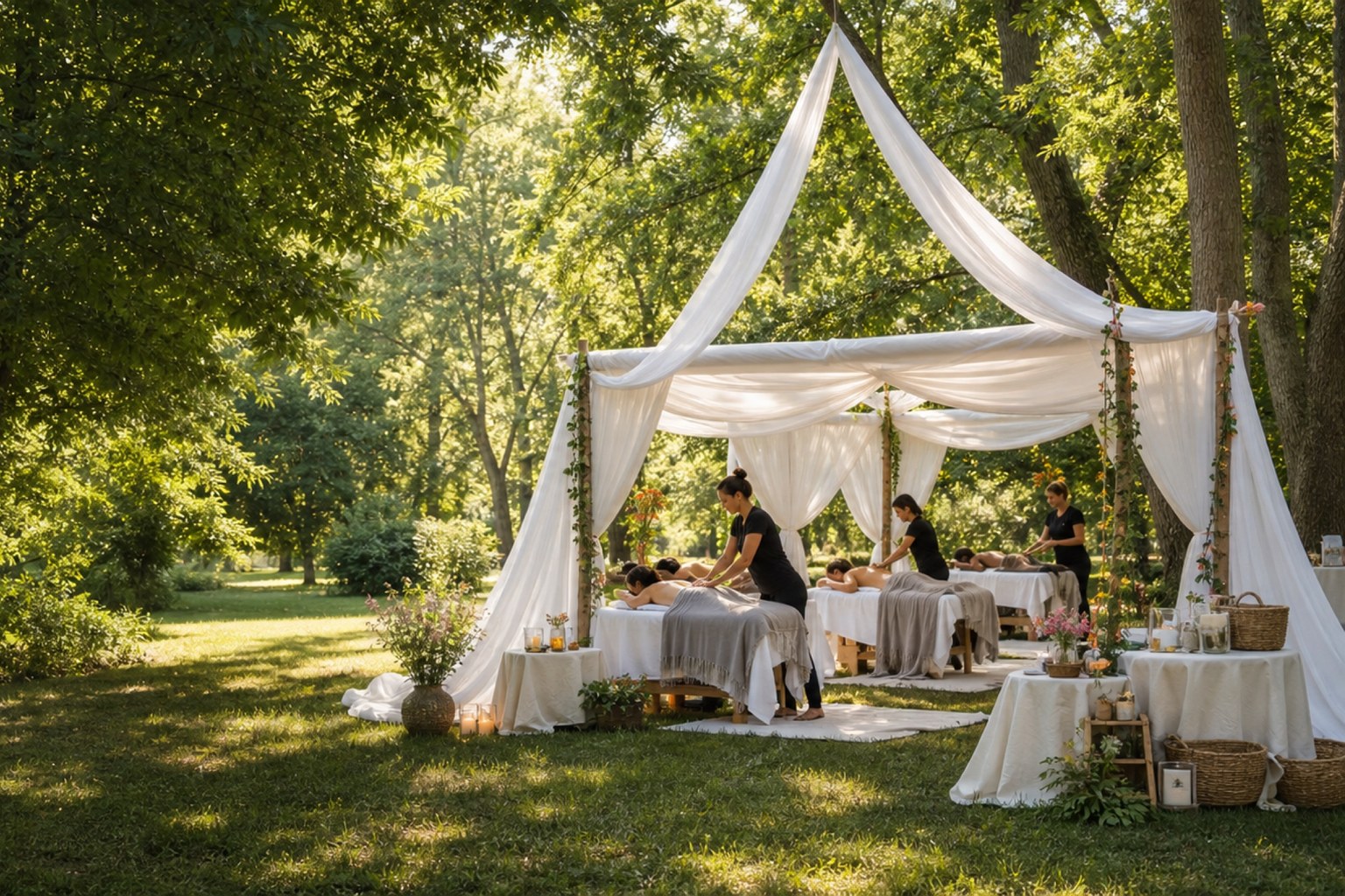 Outdoor forest mobile spa setup for yoga retreats
