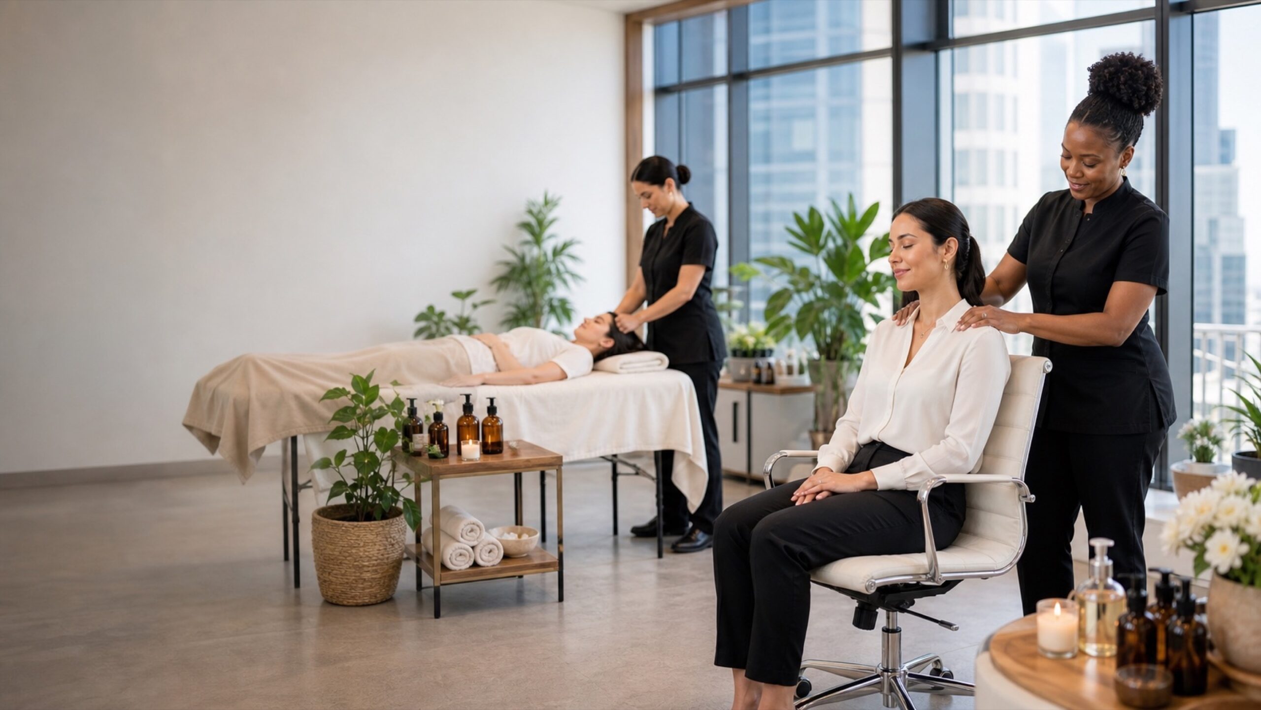 Corporate wellness pop-up mobile spa at a modern workplace